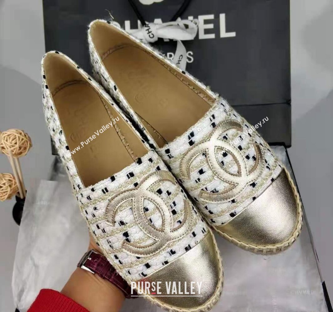 Chanel Tweed Grosgrain Espadrilles Flat White/Gold 2024 081625 (MD-240816025)