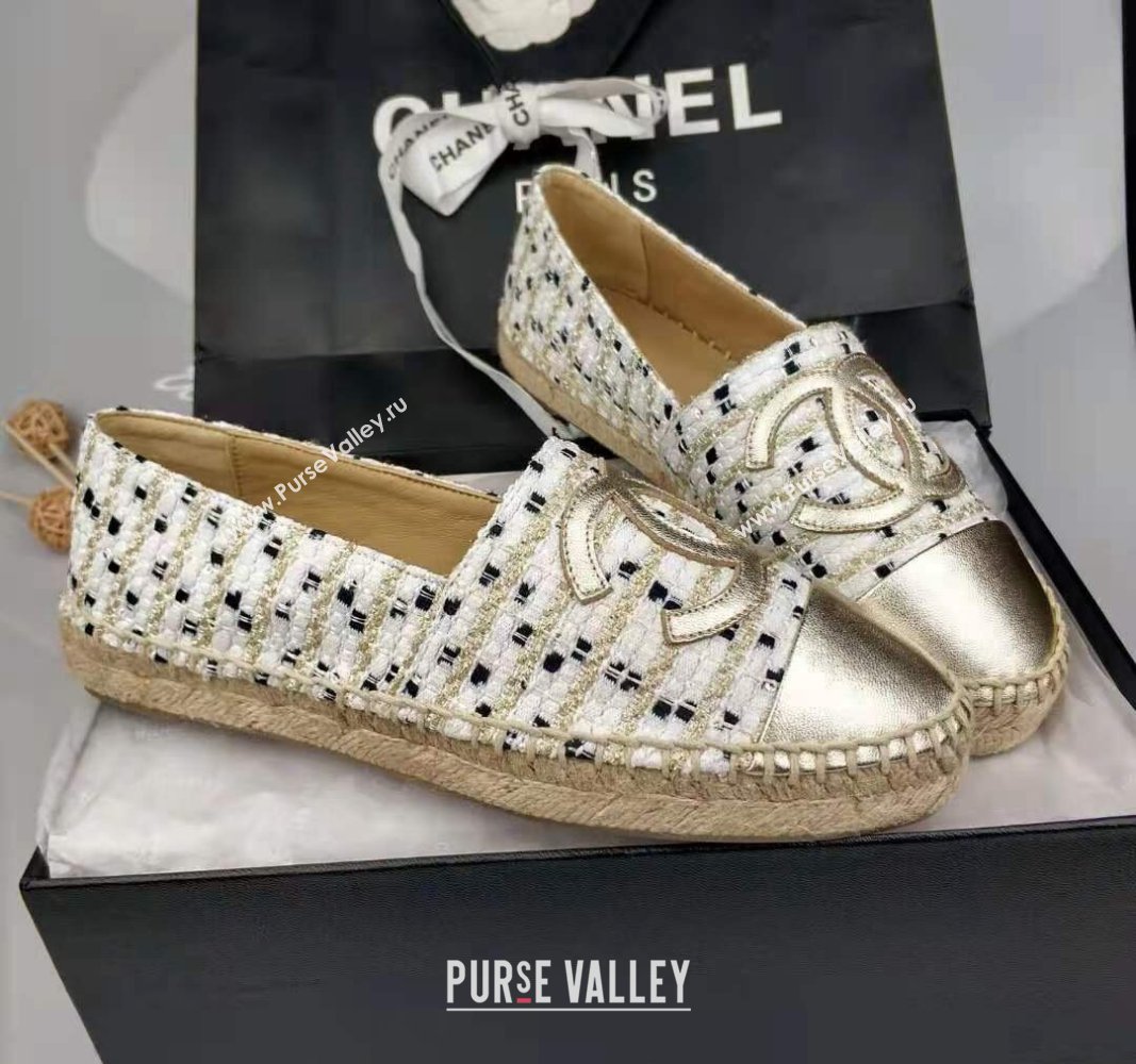 Chanel Tweed Grosgrain Espadrilles Flat White/Gold 2024 081625 (MD-240816025)