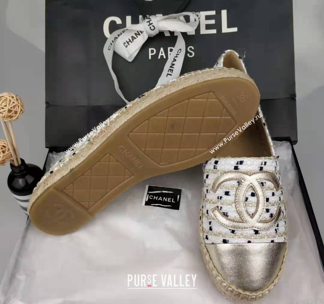 Chanel Tweed Grosgrain Espadrilles Flat White/Gold 2024 081625 (MD-240816025)