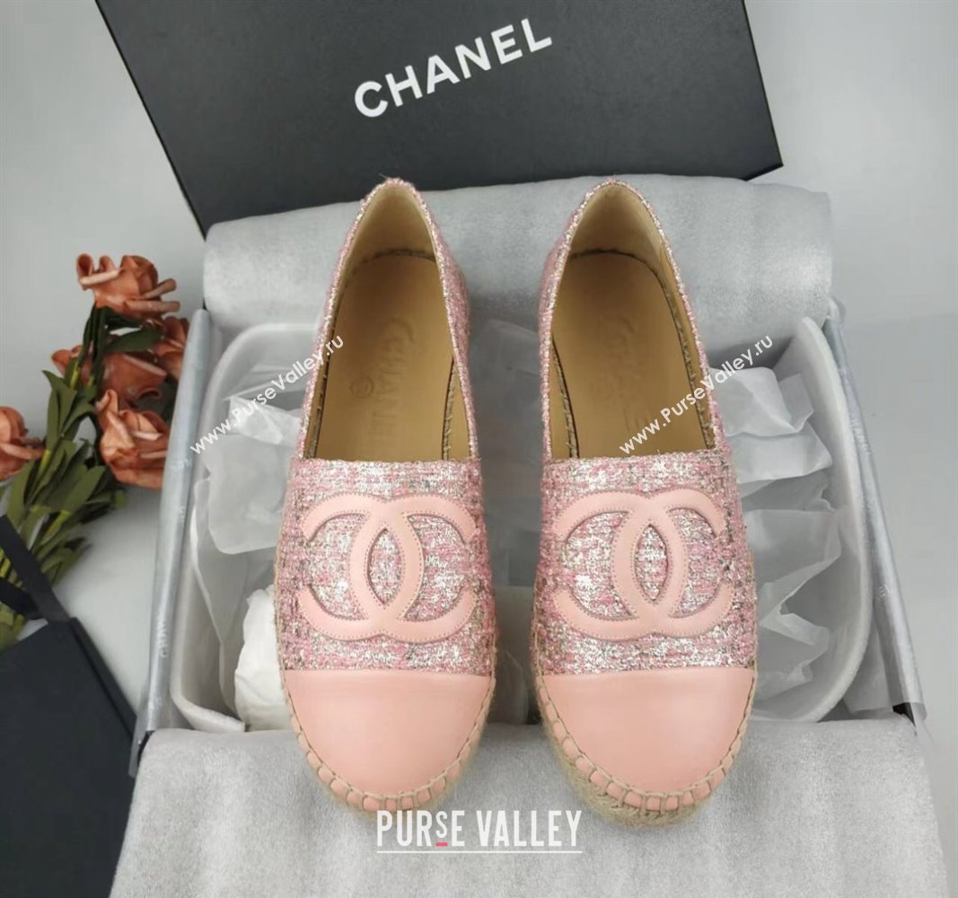 Chanel Tweed, Metal-Tone and Lambskin Espadrilles Flat Pink 2024 0816 (MD-240816026)