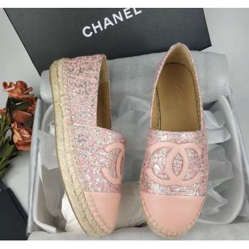 Chanel Tweed, Metal-Tone and Lambskin Espadrilles Flat Pink 2024 0816 (MD-240816026)