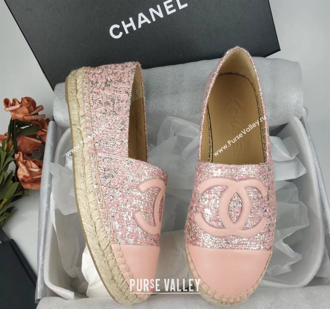 Chanel Tweed, Metal-Tone and Lambskin Espadrilles Flat Pink 2024 0816 (MD-240816026)