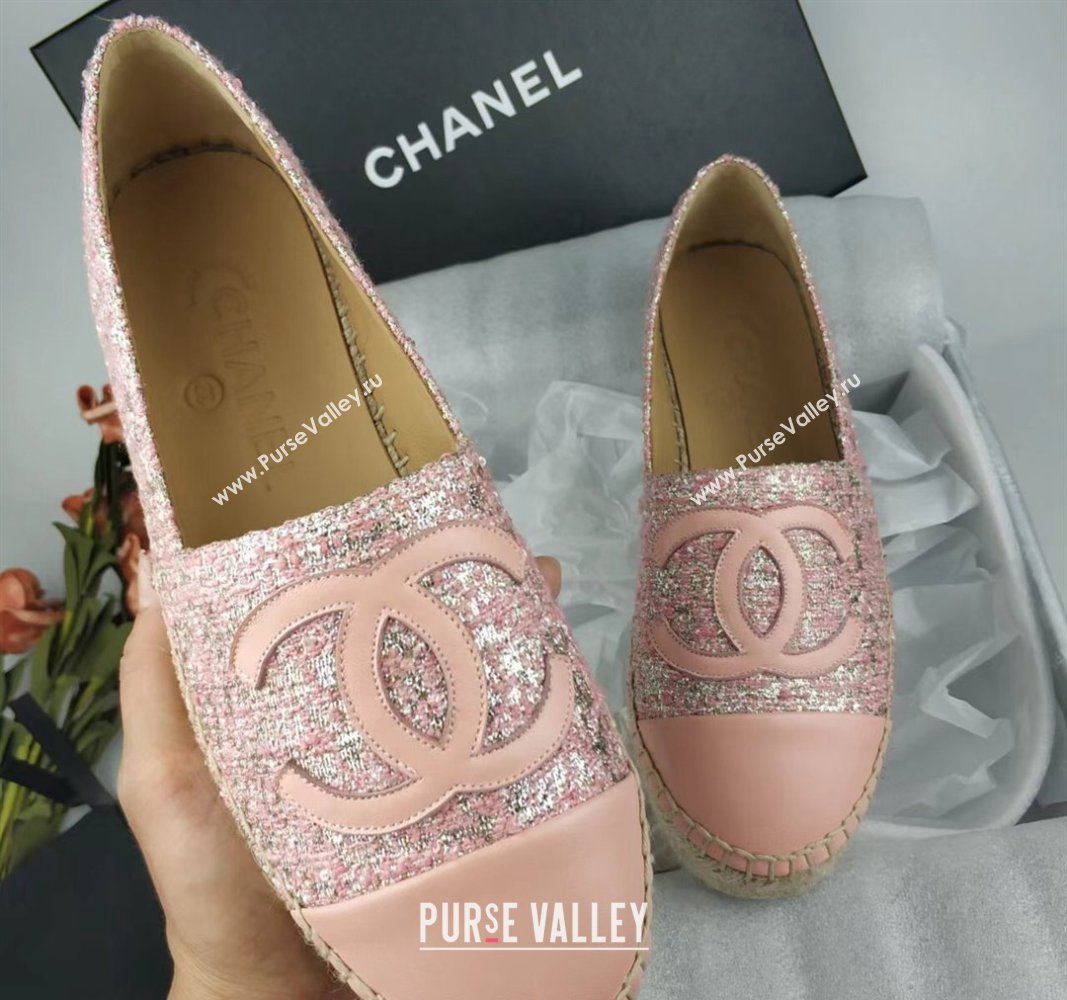 Chanel Tweed, Metal-Tone and Lambskin Espadrilles Flat Pink 2024 0816 (MD-240816026)