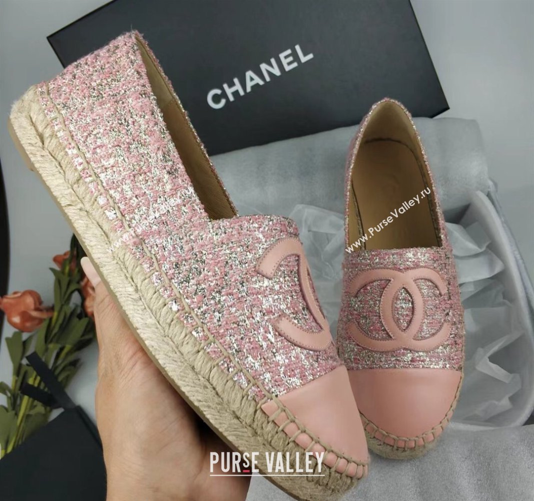 Chanel Tweed, Metal-Tone and Lambskin Espadrilles Flat Pink 2024 0816 (MD-240816026)