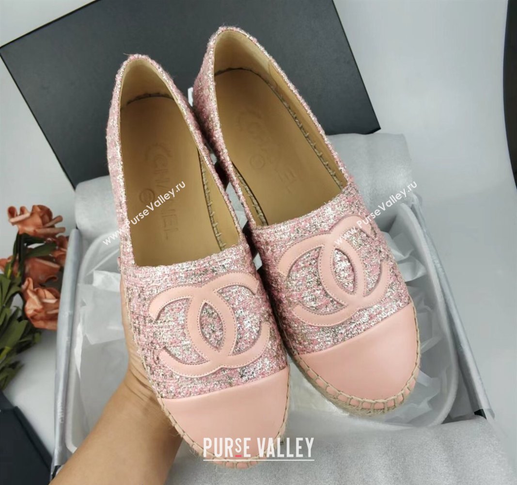 Chanel Tweed, Metal-Tone and Lambskin Espadrilles Flat Pink 2024 0816 (MD-240816026)