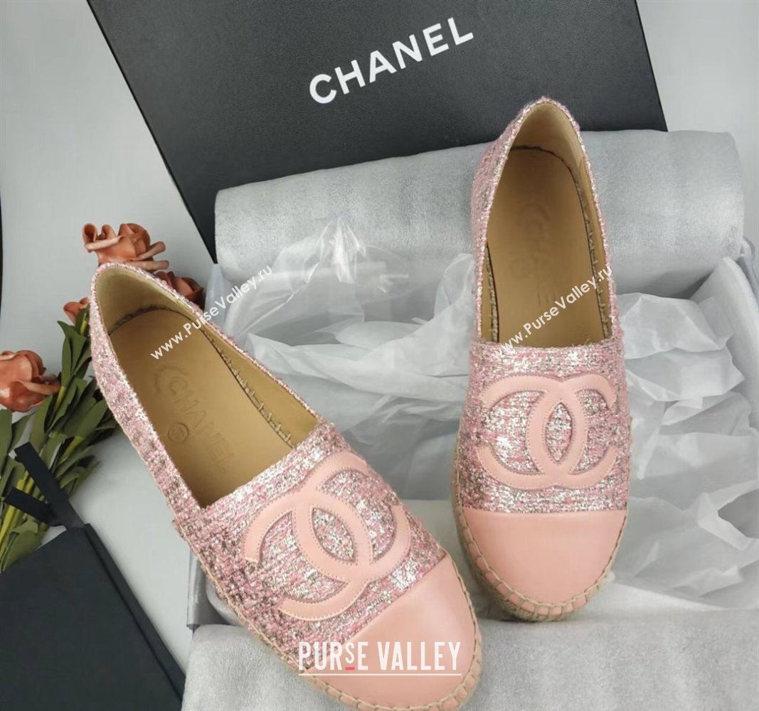 Chanel Tweed, Metal-Tone and Lambskin Espadrilles Flat Pink 2024 0816 (MD-240816026)