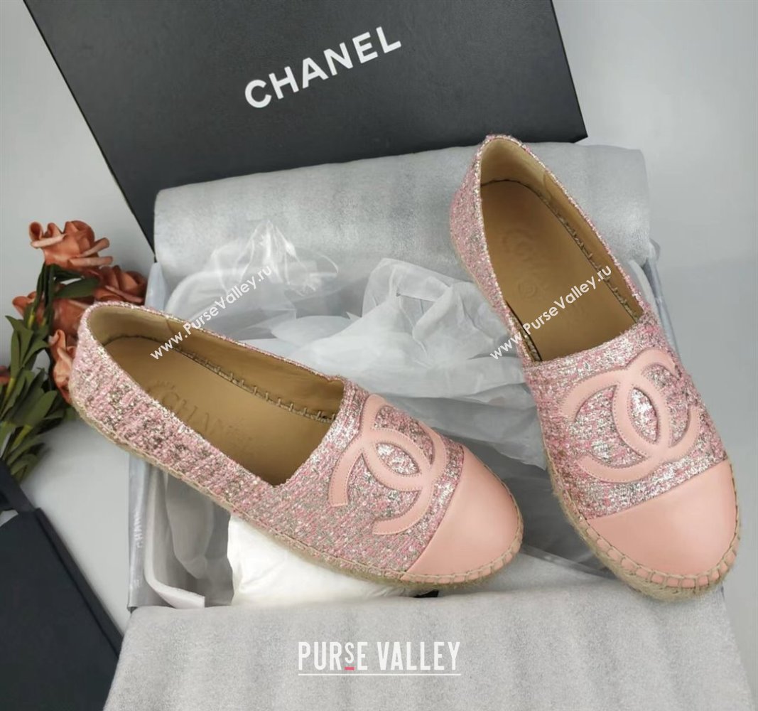 Chanel Tweed, Metal-Tone and Lambskin Espadrilles Flat Pink 2024 0816 (MD-240816026)