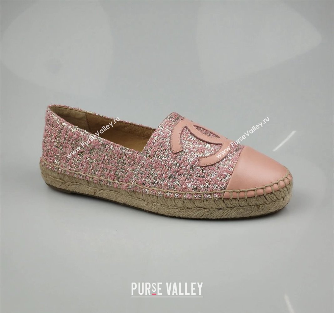 Chanel Tweed, Metal-Tone and Lambskin Espadrilles Flat Pink 2024 0816 (MD-240816026)