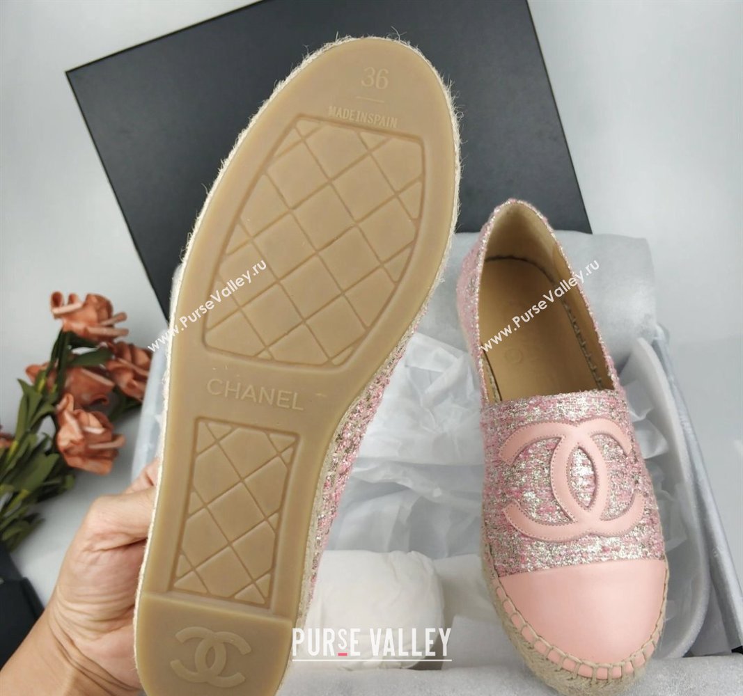 Chanel Tweed, Metal-Tone and Lambskin Espadrilles Flat Pink 2024 0816 (MD-240816026)