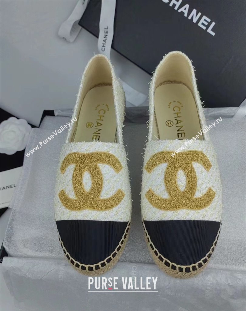 Chanel Tweed Grosgrain Espadrilles Flat White 2024 081626 (MD-240816027)