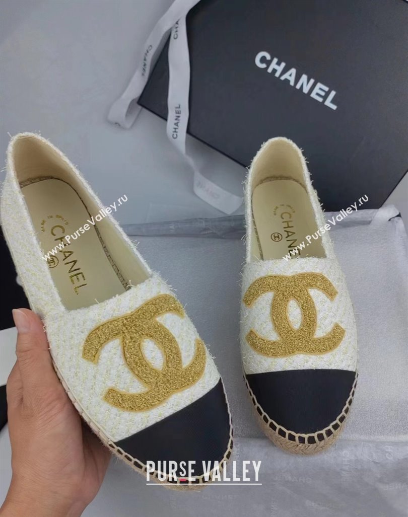 Chanel Tweed Grosgrain Espadrilles Flat White 2024 081626 (MD-240816027)