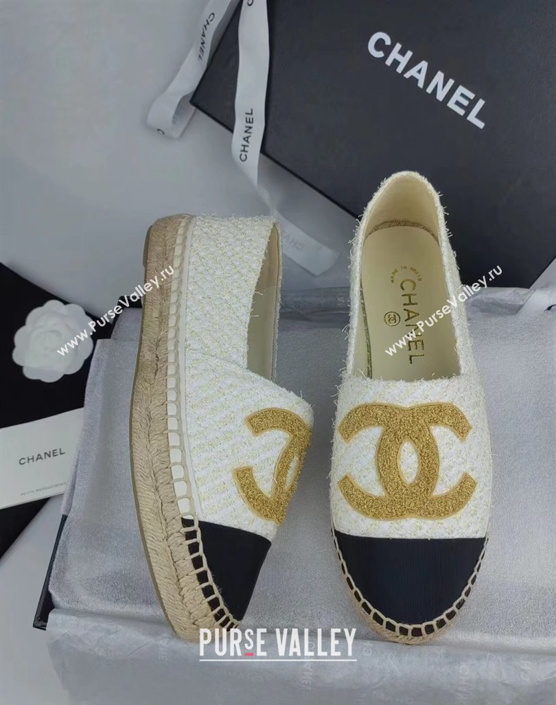 Chanel Tweed Grosgrain Espadrilles Flat White 2024 081626 (MD-240816027)