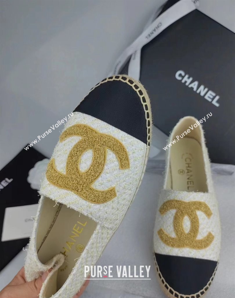 Chanel Tweed Grosgrain Espadrilles Flat White 2024 081626 (MD-240816027)