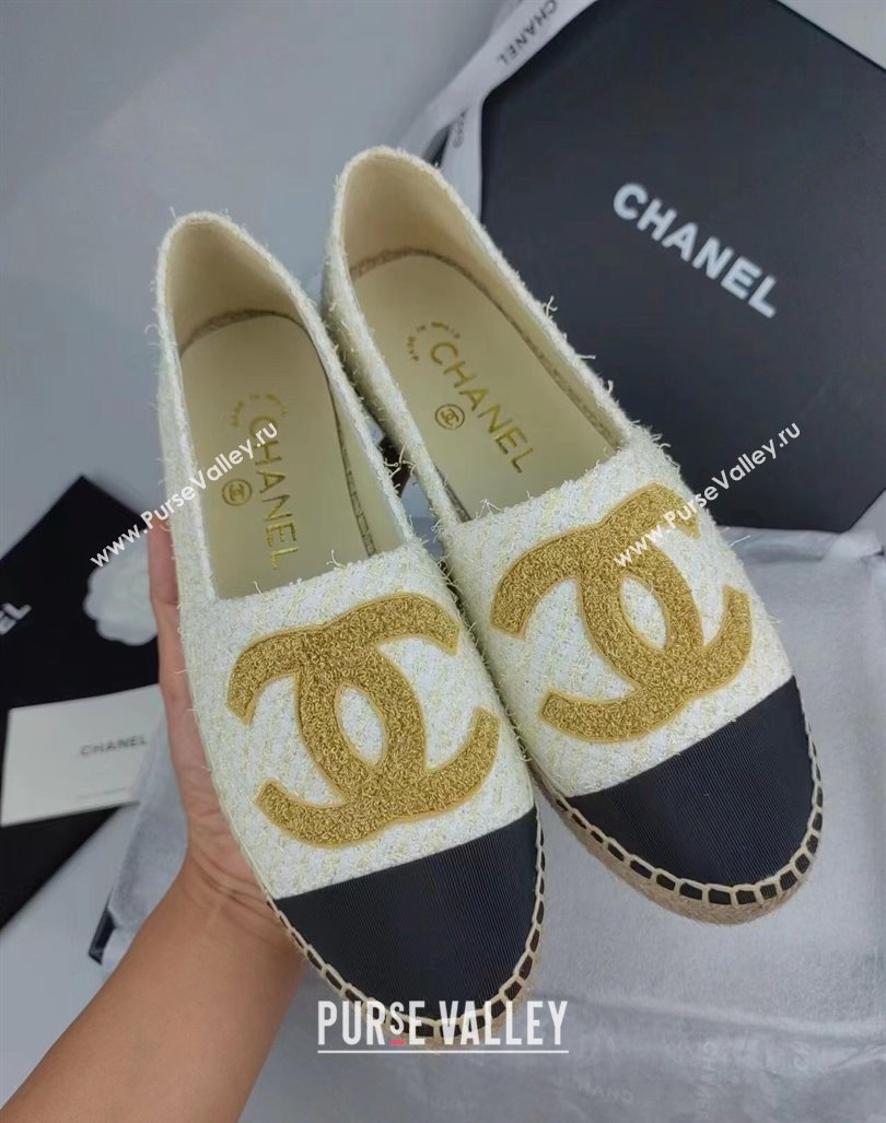 Chanel Tweed Grosgrain Espadrilles Flat White 2024 081626 (MD-240816027)