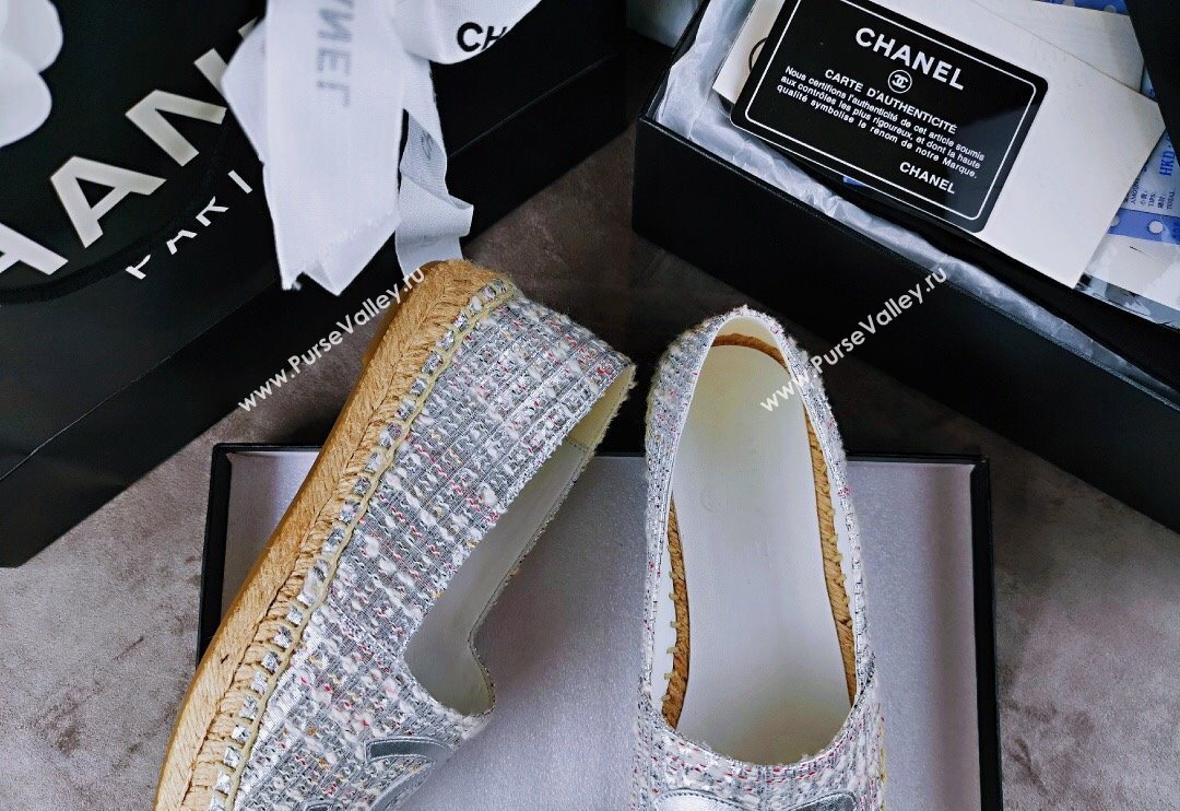 Chanel Tweed Lambskin Espadrilles Flat Silver 2024 081503 (MD-240815119)