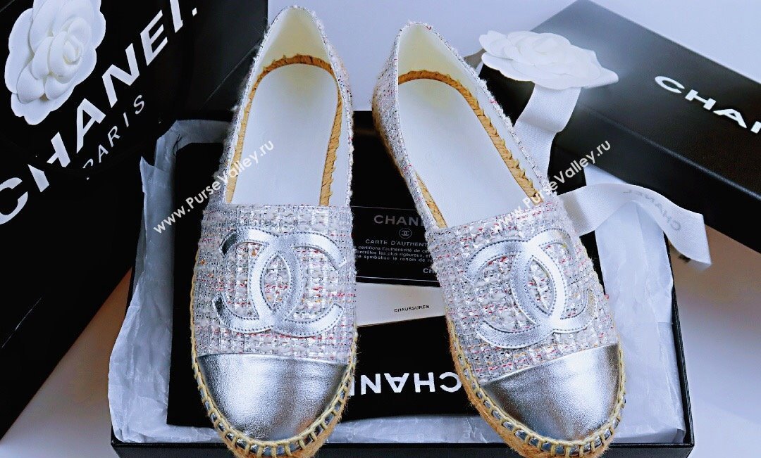 Chanel Tweed Lambskin Espadrilles Flat Silver 2024 081503 (MD-240815119)