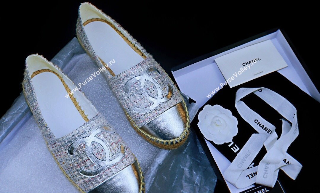 Chanel Tweed Lambskin Espadrilles Flat Silver 2024 081503 (MD-240815119)