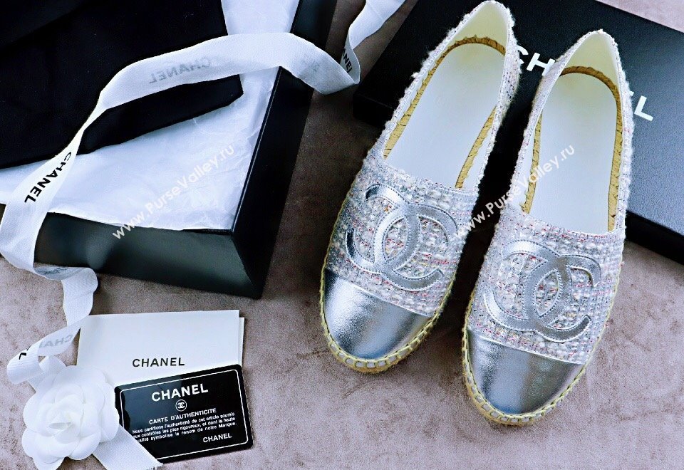 Chanel Tweed Lambskin Espadrilles Flat Silver 2024 081503 (MD-240815119)