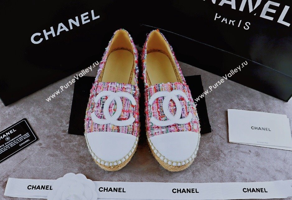 Chanel Tweed Lambskin Espadrilles Flat Pink/White 2024 081504 (MD-240815120)