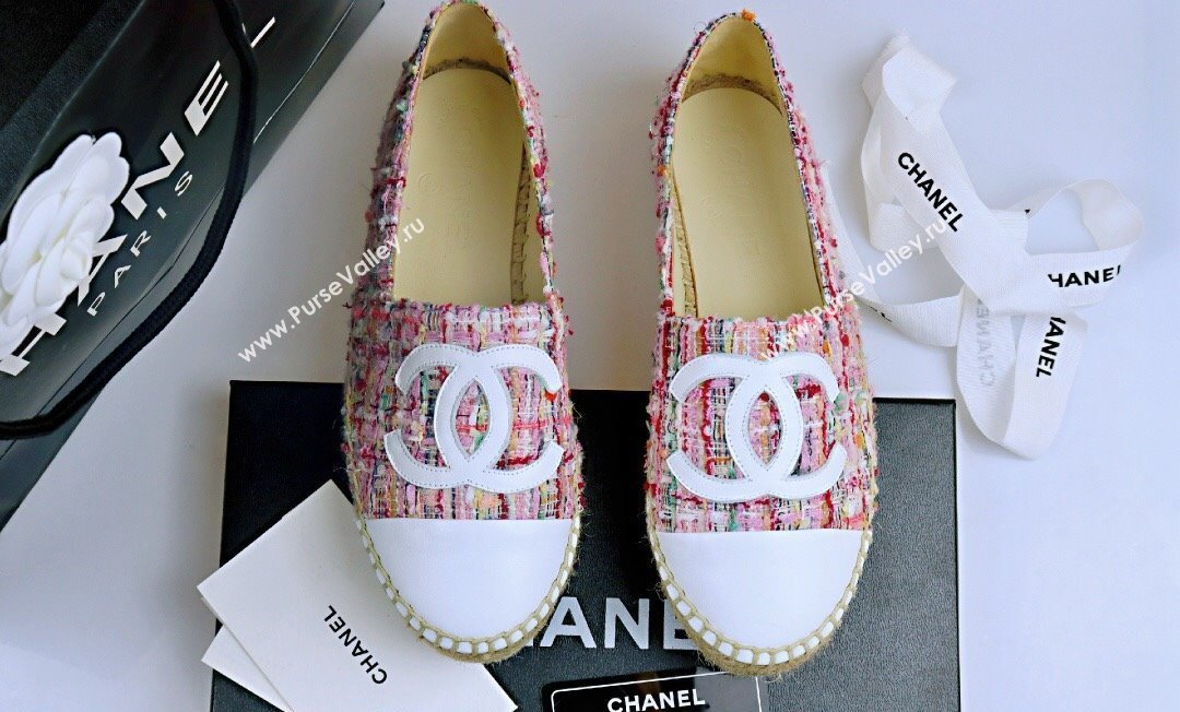 Chanel Tweed Lambskin Espadrilles Flat Pink/White 2024 081504 (MD-240815120)