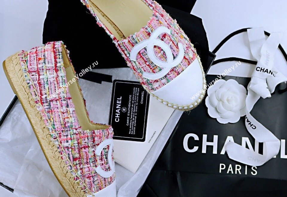 Chanel Tweed Lambskin Espadrilles Flat Pink/White 2024 081504 (MD-240815120)