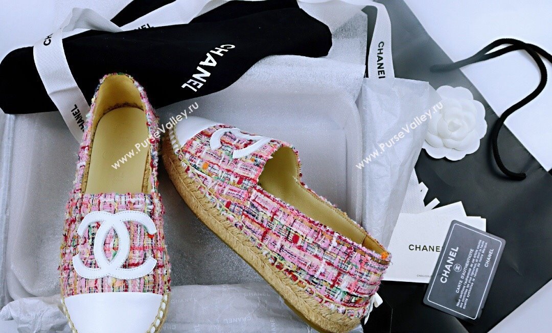 Chanel Tweed Lambskin Espadrilles Flat Pink/White 2024 081504 (MD-240815120)