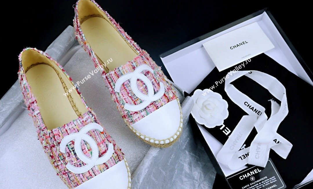 Chanel Tweed Lambskin Espadrilles Flat Pink/White 2024 081504 (MD-240815120)