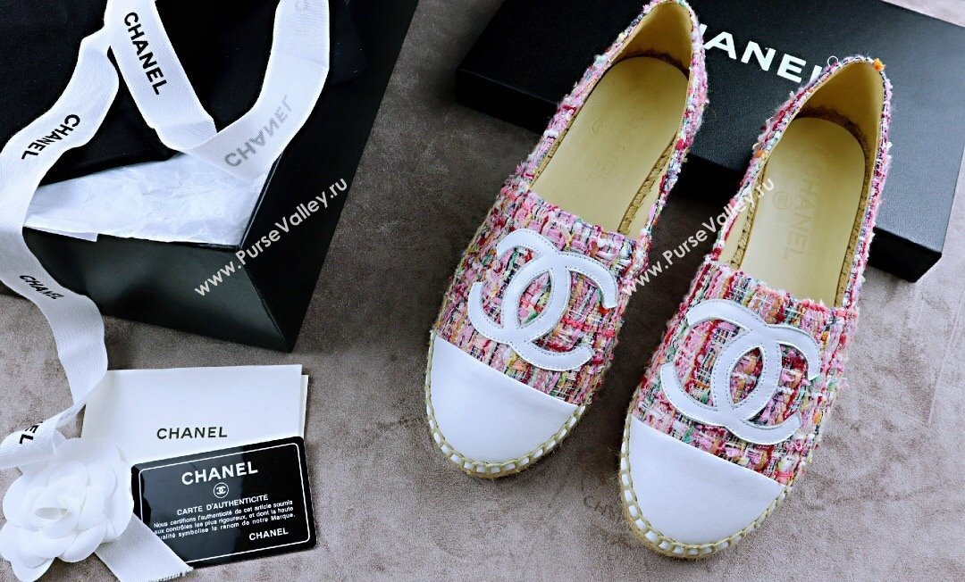 Chanel Tweed Lambskin Espadrilles Flat Pink/White 2024 081504 (MD-240815120)