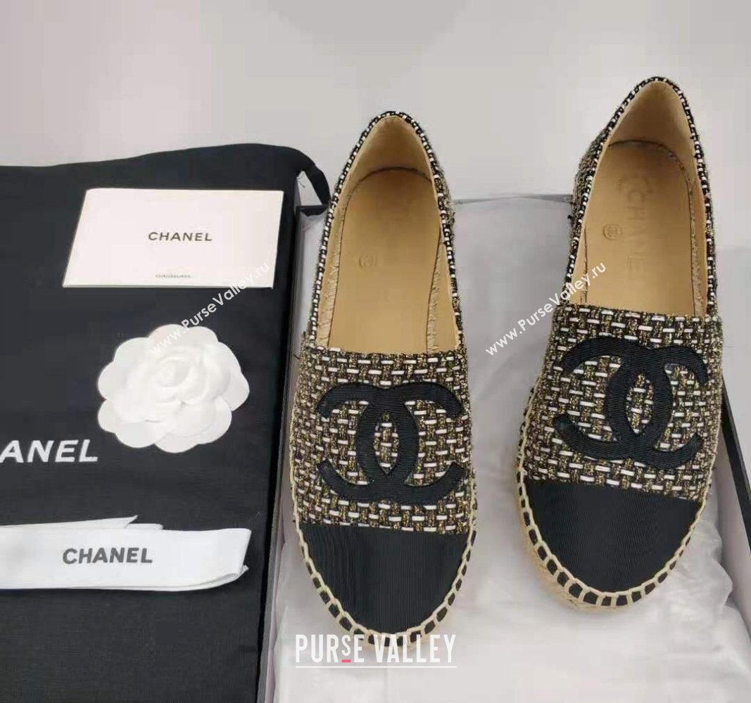 Chanel Tweed Grosgrain Espadrilles Flat Gold/Black 2024 081503 (MD-240815123)