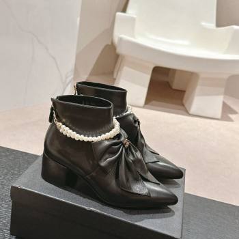 Chanel Calfskin Heel Ankle Boots 5.5cm with Maxi Bow and Pearls Black 2024 081658 (MD-240816060)