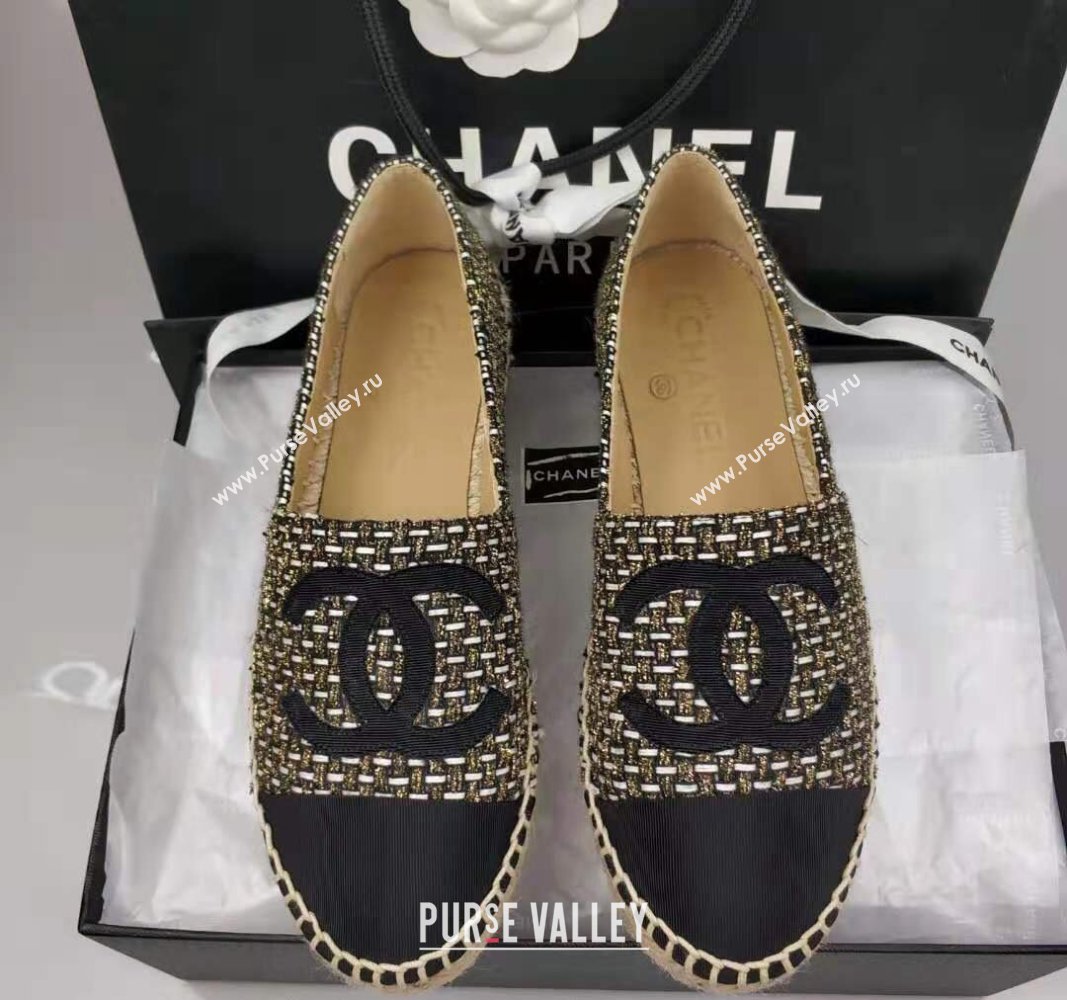 Chanel Tweed Grosgrain Espadrilles Flat Gold/Black 2024 081503 (MD-240815123)