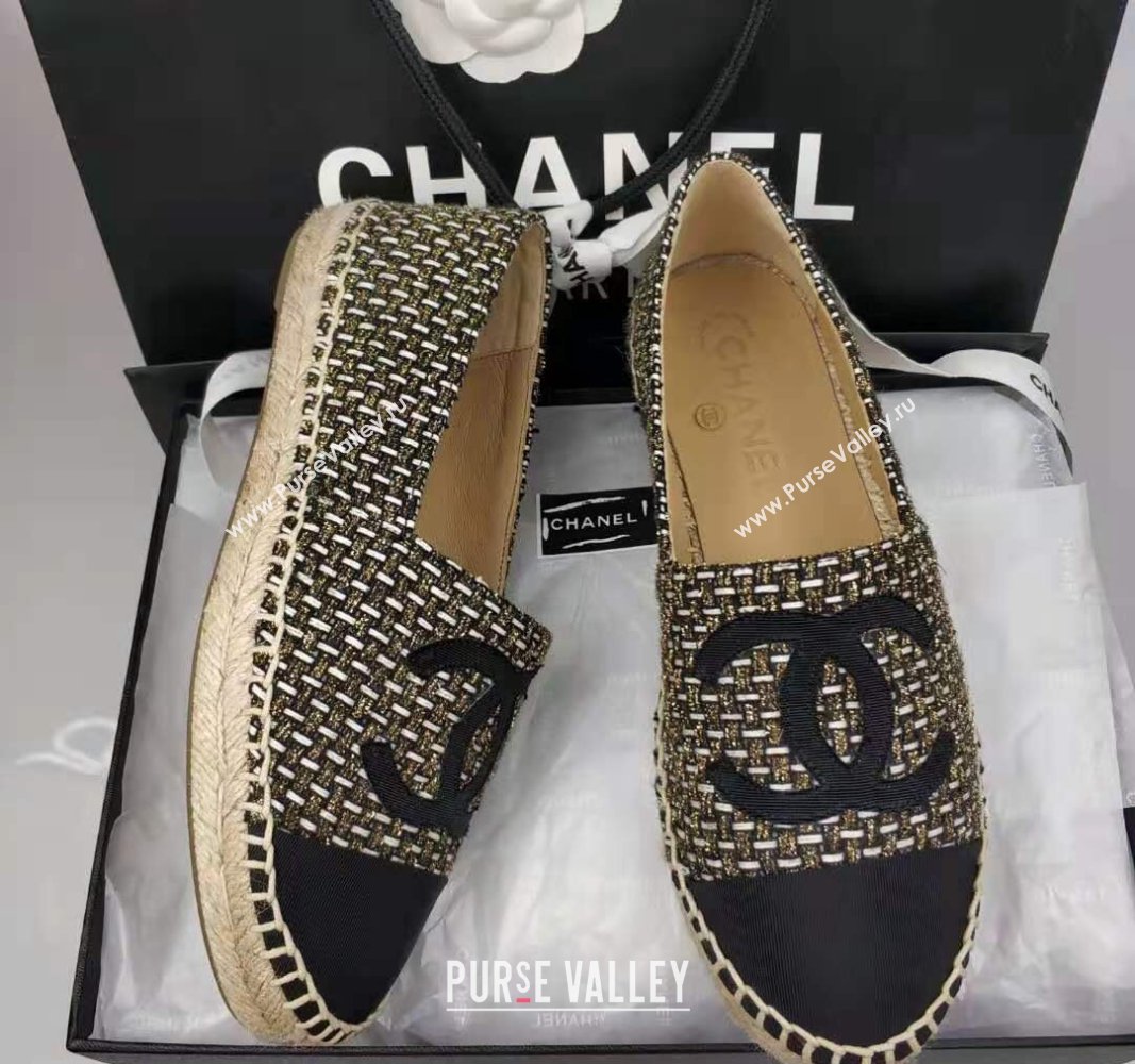 Chanel Tweed Grosgrain Espadrilles Flat Gold/Black 2024 081503 (MD-240815123)