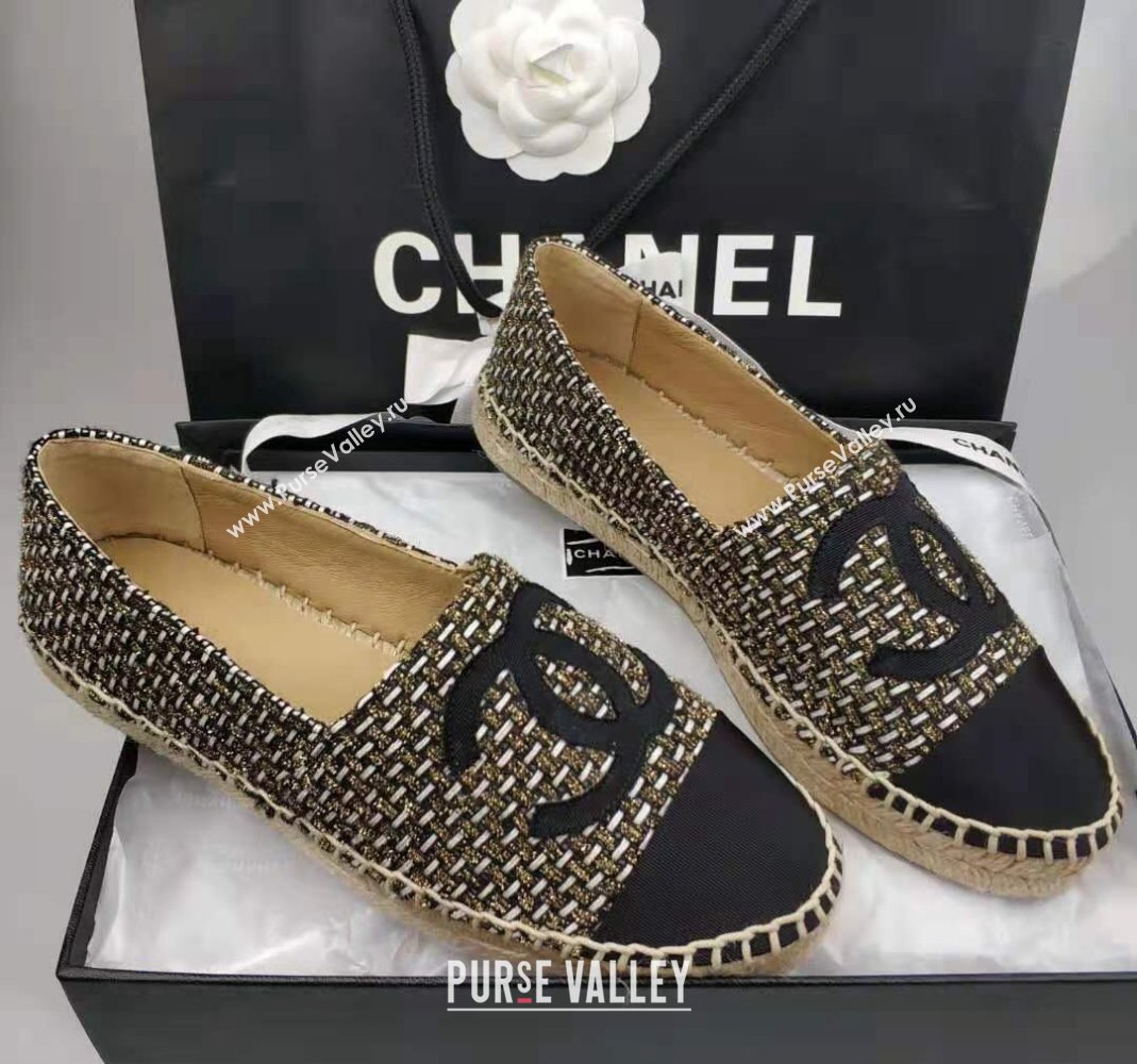 Chanel Tweed Grosgrain Espadrilles Flat Gold/Black 2024 081503 (MD-240815123)