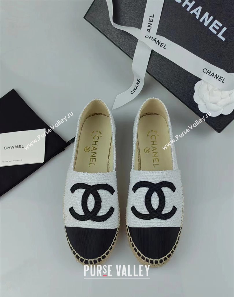 Chanel Tweed Grosgrain Espadrilles Flat White/Black 2024 0815 (MD-240815124)