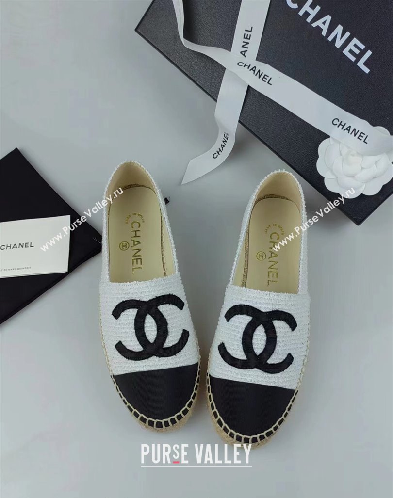 Chanel Tweed Grosgrain Espadrilles Flat White/Black 2024 0815 (MD-240815124)