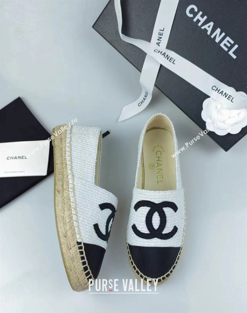 Chanel Tweed Grosgrain Espadrilles Flat White/Black 2024 0815 (MD-240815124)