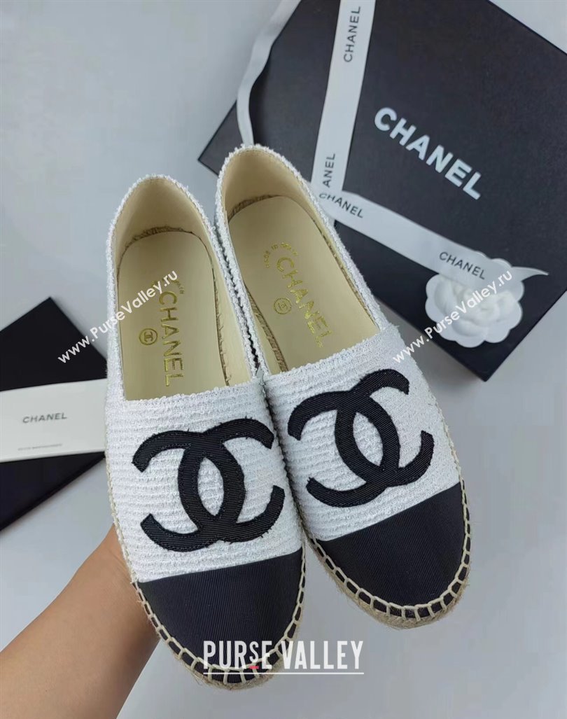 Chanel Tweed Grosgrain Espadrilles Flat White/Black 2024 0815 (MD-240815124)