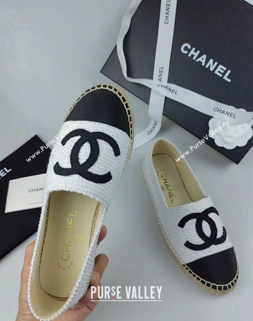 Chanel Tweed Grosgrain Espadrilles Flat White/Black 2024 0815 (MD-240815124)