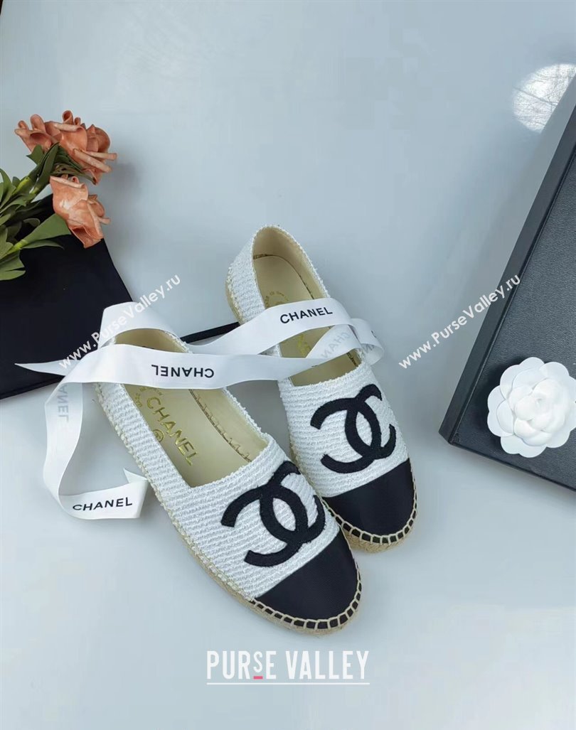 Chanel Tweed Grosgrain Espadrilles Flat White/Black 2024 0815 (MD-240815124)