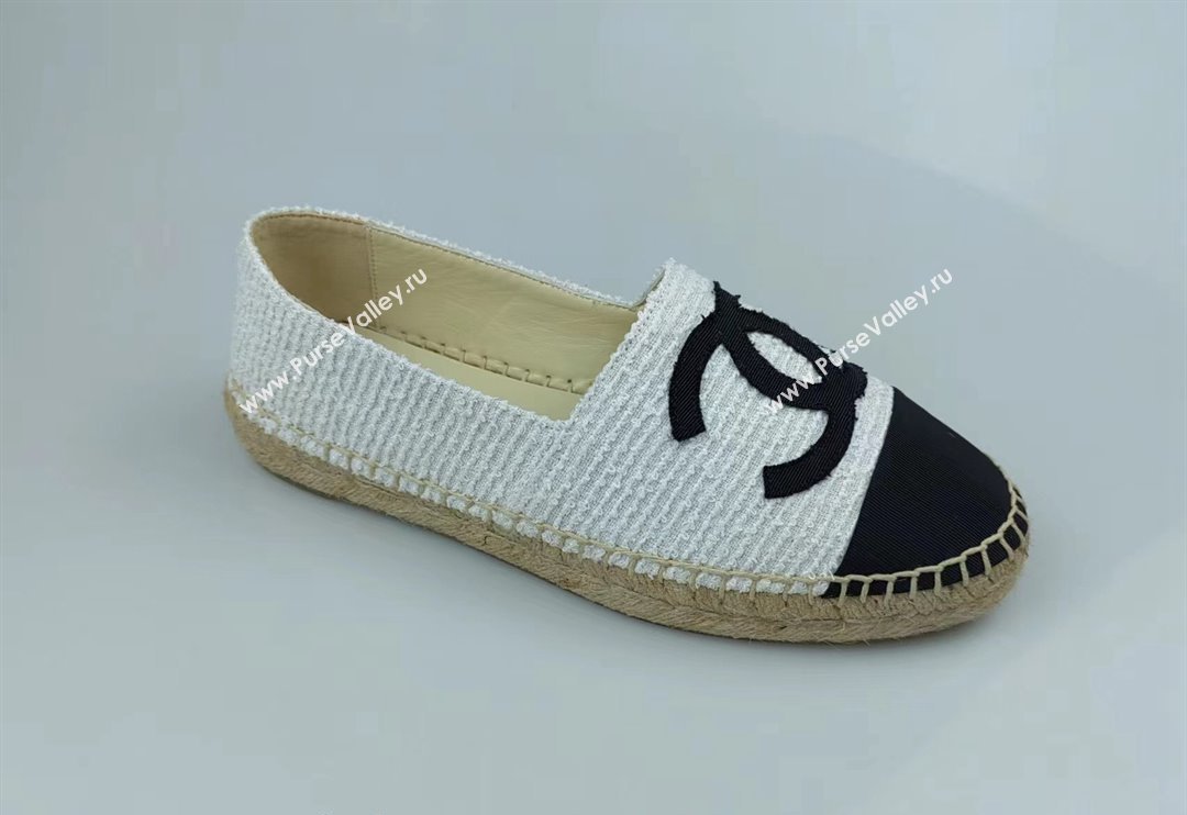 Chanel Tweed Grosgrain Espadrilles Flat White/Black 2024 0815 (MD-240815124)