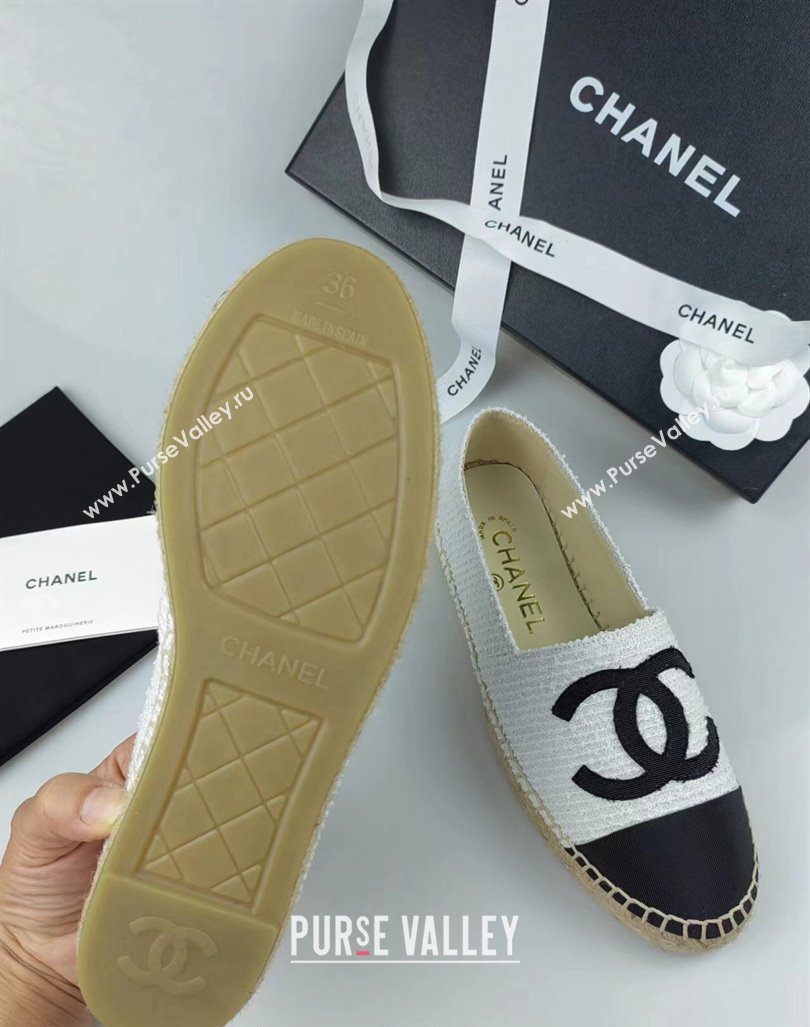 Chanel Tweed Grosgrain Espadrilles Flat White/Black 2024 0815 (MD-240815124)