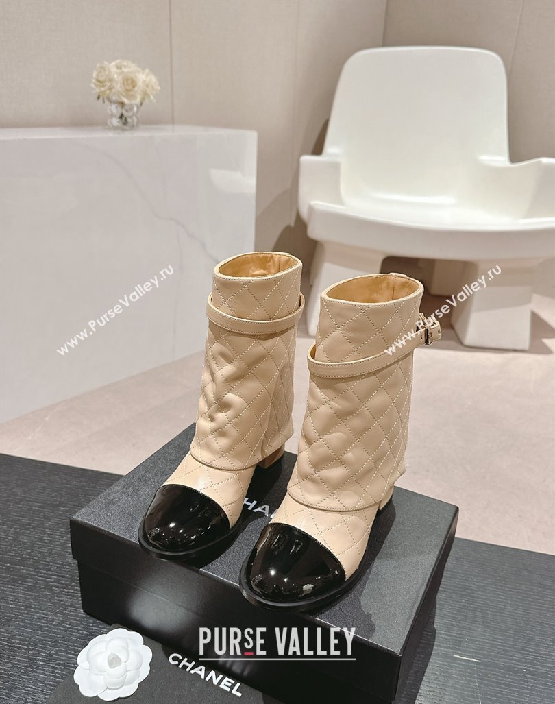 Chanel Calfskin Heel Ankle Boots with Foldover and Buckle Strap Beige 2024 081676 (MD-240816078)