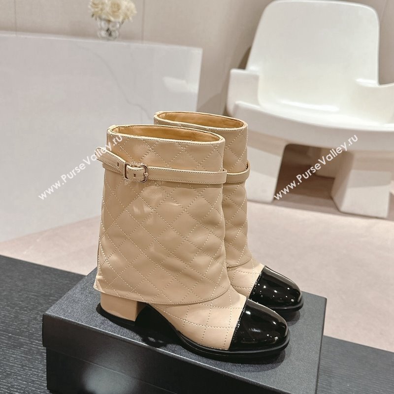 Chanel Calfskin Heel Ankle Boots with Foldover and Buckle Strap Beige 2024 081676 (MD-240816078)