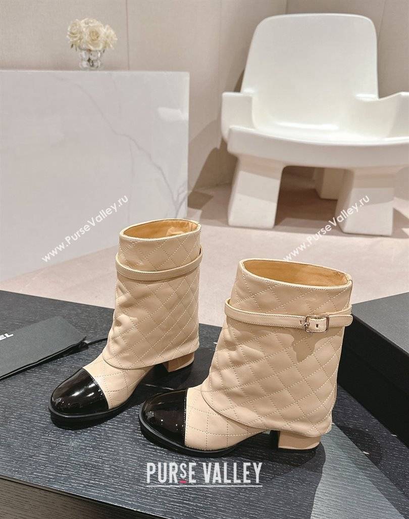 Chanel Calfskin Heel Ankle Boots with Foldover and Buckle Strap Beige 2024 081676 (MD-240816078)