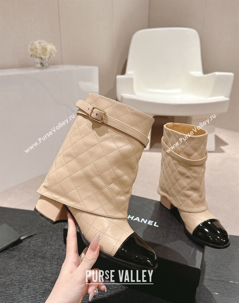 Chanel Calfskin Heel Ankle Boots with Foldover and Buckle Strap Beige 2024 081676 (MD-240816078)