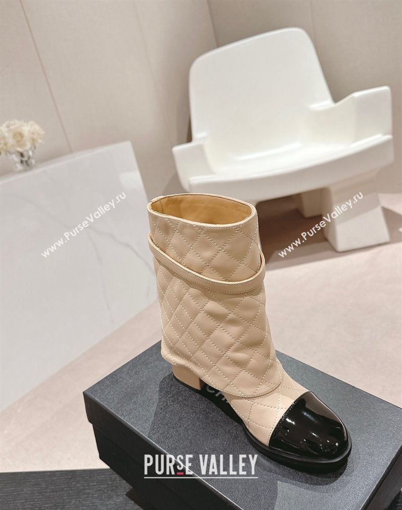 Chanel Calfskin Heel Ankle Boots with Foldover and Buckle Strap Beige 2024 081676 (MD-240816078)