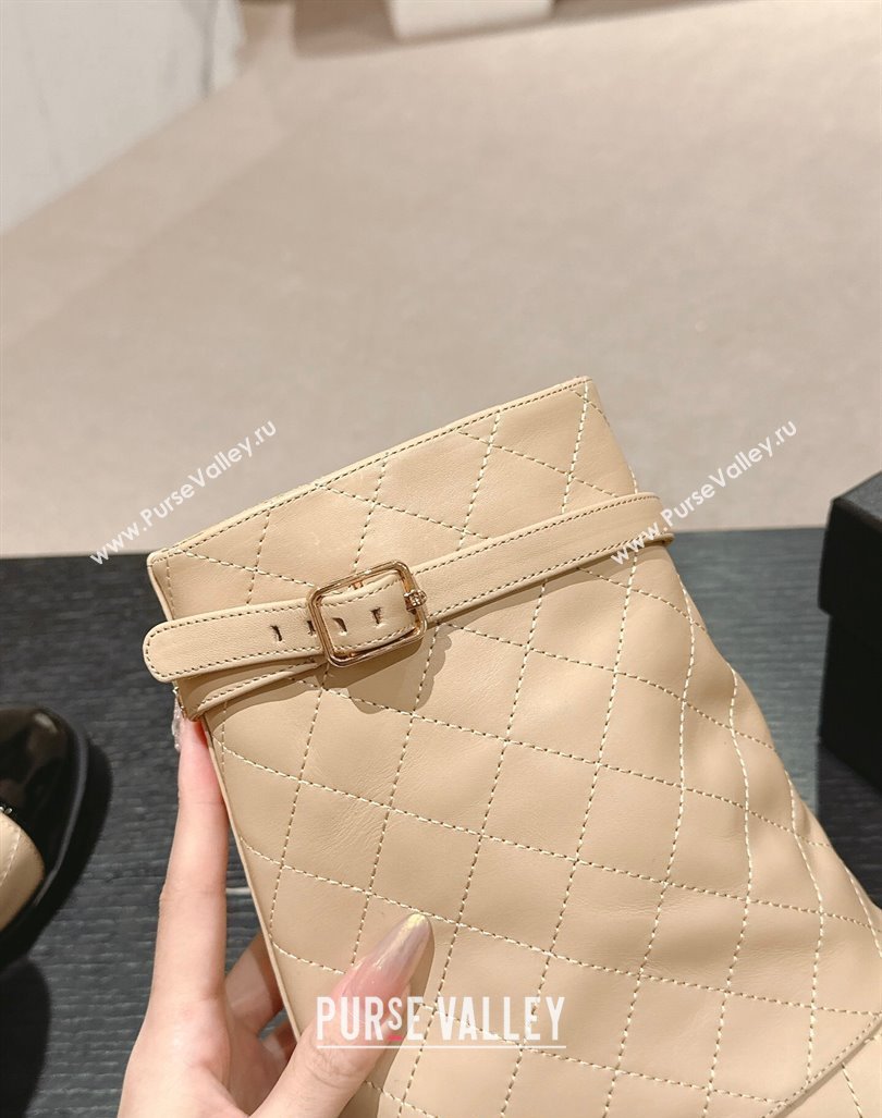 Chanel Calfskin Heel Ankle Boots with Foldover and Buckle Strap Beige 2024 081676 (MD-240816078)