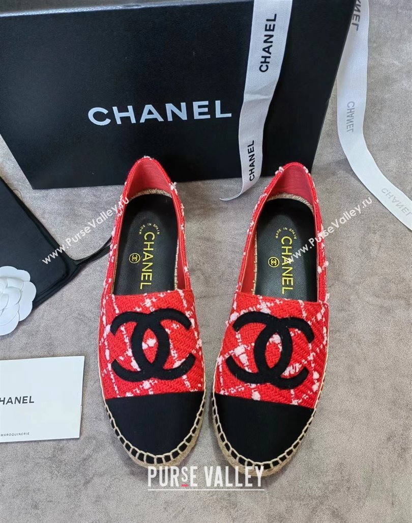 Chanel Tweed Grosgrain Espadrilles Flat Red 2024 081506 (MD-240815126)