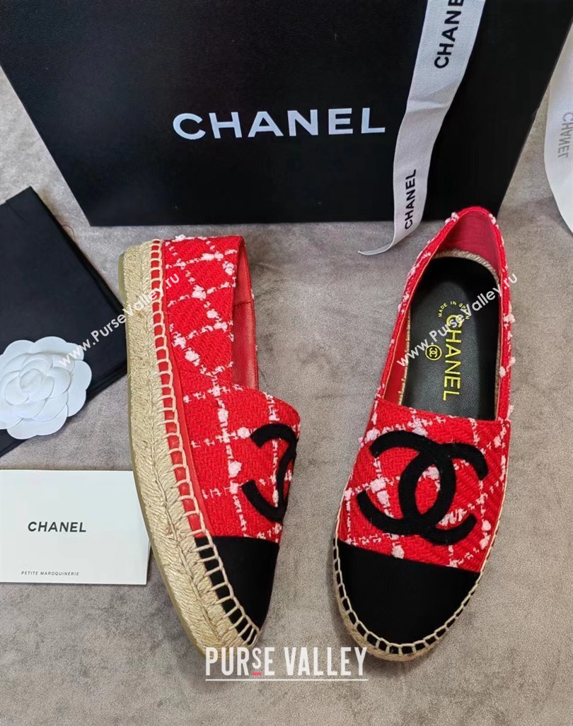 Chanel Tweed Grosgrain Espadrilles Flat Red 2024 081506 (MD-240815126)