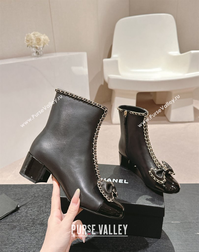 Chanel Calfskin Heel Ankle Boots with Chain and Bow Black 2024 081680 (MD-240816083)